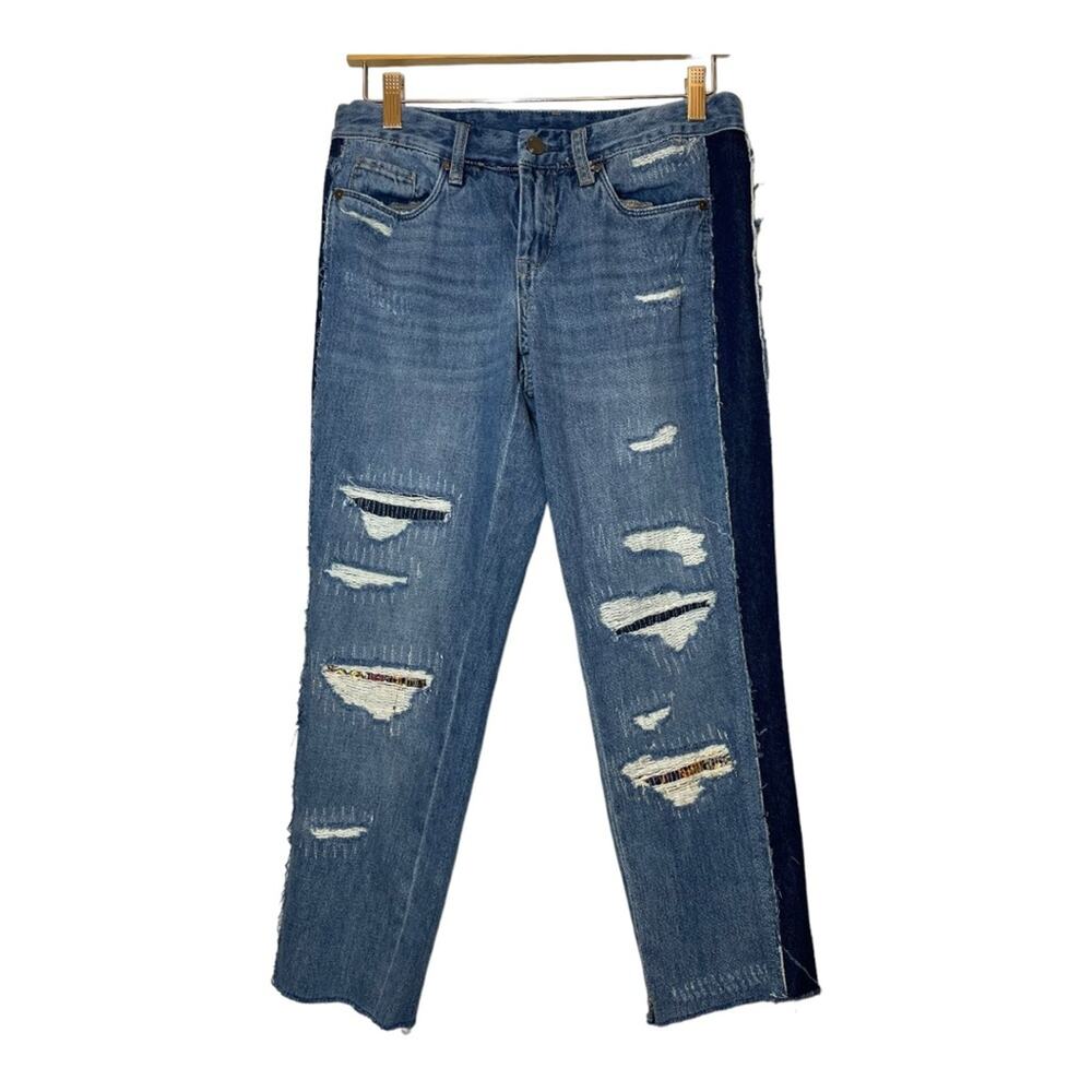 Blank NYC Crop Girlfriend Jeans Contrast Stripe Panel Raw Hem Distressed 26 Fray